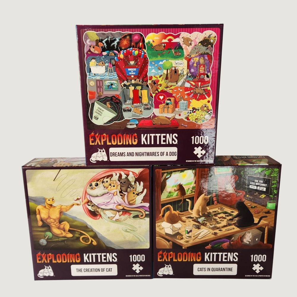 NEW Lot 3 Exploding Kittens 1000 Piece Jigsaw Puzzles Bundle Creation Quarantine